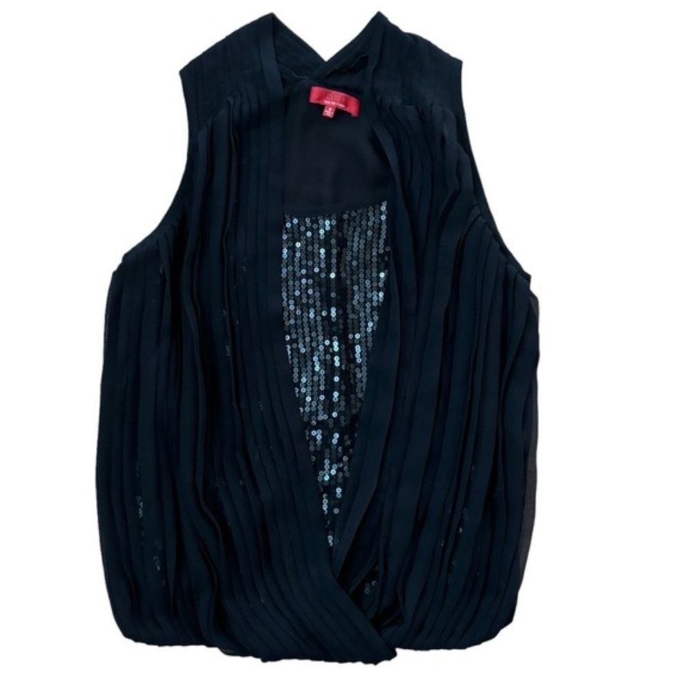 Saks Fifth Avenue Black pleated georgette over sequin sleeveless top size Small